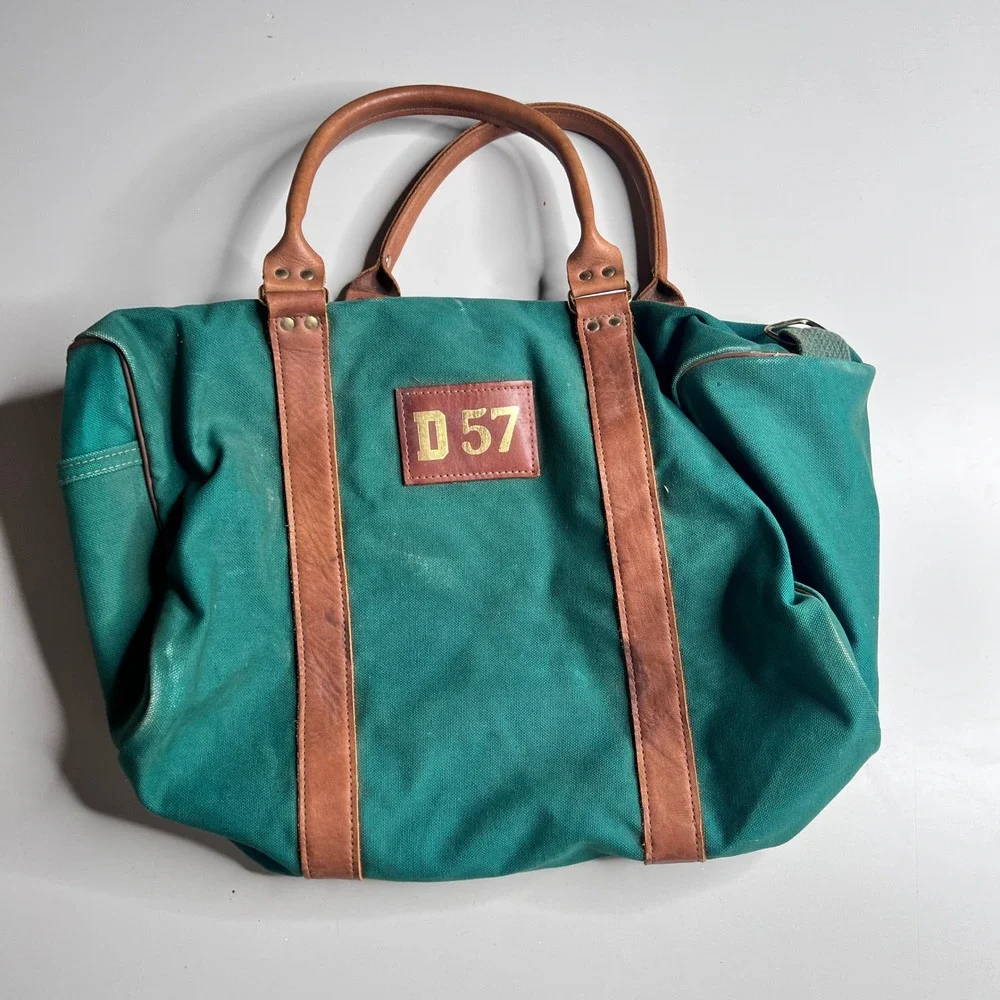 Vintage Crafted With Pride Green Canvas Leather Duffel Bag USA Made Weekender